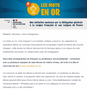 e-mailing type Courriel envoyé par la Fondation Voltaire